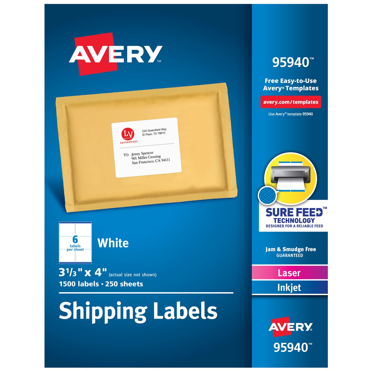 Avery Shipping Labels, Sure Feed Technology, Permanent Adhesive, 3-1/3" x 4", 1,500 Labels (95940)